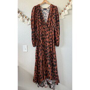 Megan Renee Talia Drape Animal Print Wrap Maxi Dress Brown Boho Contemporary M